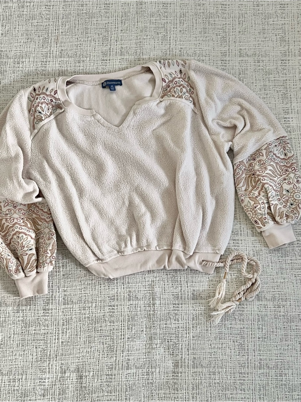 Democracy Sherpa Paisley Sleeve Pullover Sweatshirt | Size M